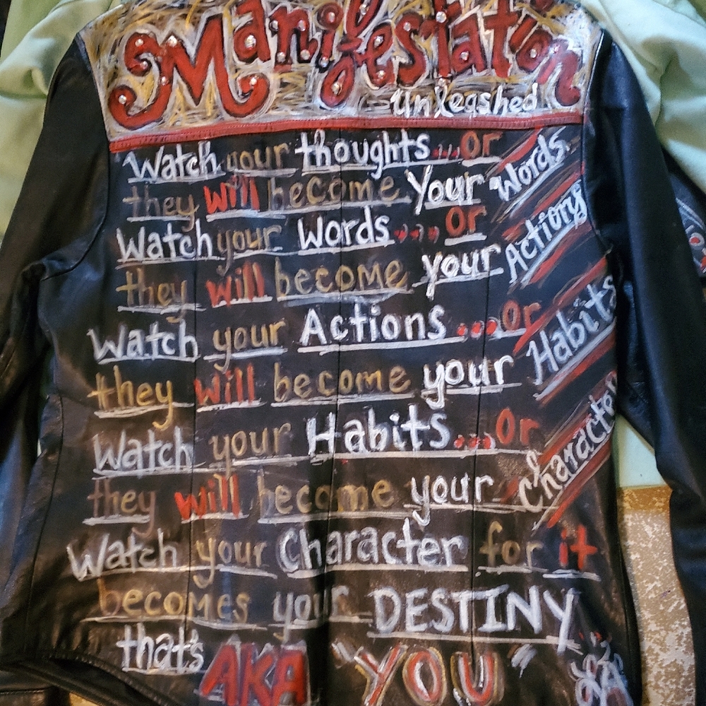 Hand painted leather black jacket SPOKEN WORDS. ORIGINAL SZM